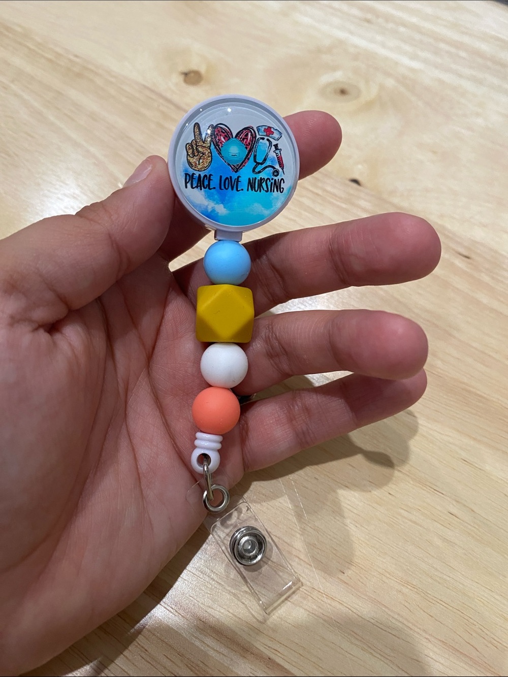 Peace Love Nursing Beaded Badge Reel - Blue, Yellow, White, Coral